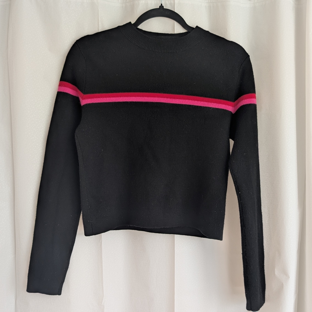 Club Monaco Black and Pink Cropped Crew Neck Sweater, 100% Wool